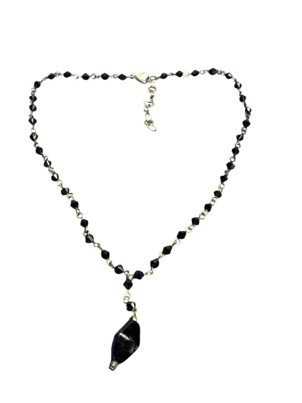 Vintage Y2K Black Glass Faceted Beaded Silvertone Chain Y Necklace 15 - 17 inch